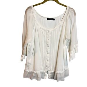Feminine Creamy White Lace Trim Ruffled Blouse‎ L